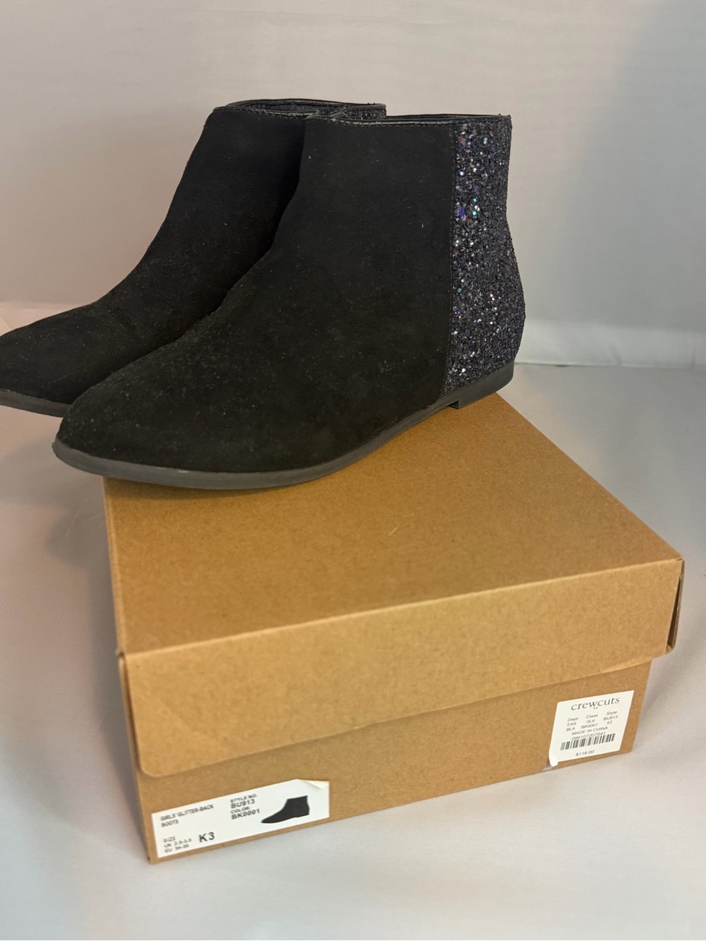 Crewcuts Black Suede Ankle Boots with Glitter Heel